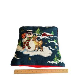 Red Tapestry pillow snowman‎ deer Christmas 13x14”